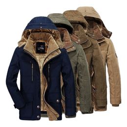 Men's Warm Thick Parka Windproof Fleece Detachable Hat Military Quality Jacket Winter Plus Velvet Overcoat Male Outwear 6XL 220301
