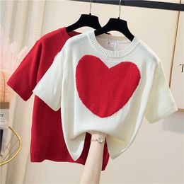 L-3XL large size love Patchwork short-sleeved sweaters pullover loose casual Oversized kint thin women sweater jumper mujer 210604