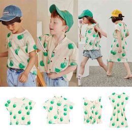 LD Korea Kids Summer Clothes Brother and Sister Matching T shirts Cute Cartoon Apple Pattern Tops Arrivals 210619
