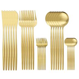 30Pcs Matte Gold Tableware Set Stainless Steel Dinnerware Cutlery Knife Spoon Fork Kitchen Flatware 210928