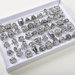 50pcs/Lots Animal Rings Vintage Punk Gothic Mix Dragon Wolf Tiger Dog Lion Owl Mix Style Metal Jewellery For Men Women
