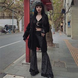 Sexy Fashion Patchwork Lace Solid Flare Pants Women Gothic Dark High Waist Loose Trousers Street Suede 211115