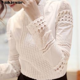 New Women Blouses Slim Bottoming Long-sleeved White Shirt Lace Hook Flower Hollow Plus Size S-5XL 210315