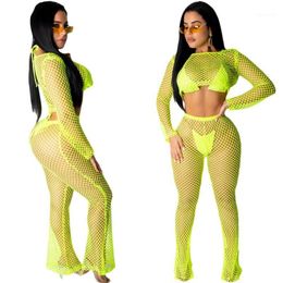 Neon Fishnet Mesh Sheer Two Piece Set Women Summer Clothes Backless Crop Top And Pant Sexy 2 Pice Swim Beach Outfits Women's Tracksuits