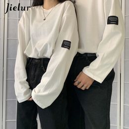 Jielur Korean Style Fashion Long Sleeve T-shirt Women Harajuku BF T-shirts Spring Loose Couple Tees White Top Hipster Clothing 210306
