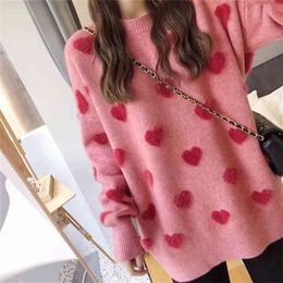 Sweater women's loose jacket fall winter love pullover long sleeve lazy style net red fashion retro knit top 210812