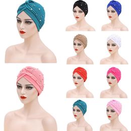 Women Elastic Turban Hat Muslim Hijab Islamic Beads Cancer Chemo Cap Ladies Hijab Stretch Hijab Femme Scarf Ruffle Hats