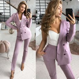Business Streetwear Women Suits Double Breasted Elegant Pants Blazer Party Office Lady Prom Vintage Female Coat 2 Pieces 210927