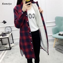 Brand New Winter Warm Blouse Women Velvet Thick Long Sleeve Plaid Shirt Female College Long Style Casual Outerwear 210225