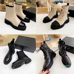 Designer- Martin Short Boots cowhide buckle metal womens shoes classic diamond Cheque thick heel leather high heel pearl women's boots