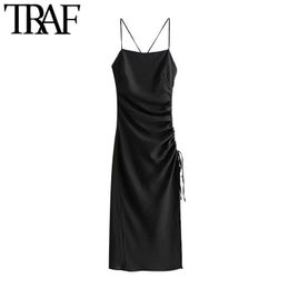 TRAF Women Chic Fashion Side Adjustable Drawstring Draped Midi Dress Vintage Backless Side Zipper Straps Female Dresses 210316