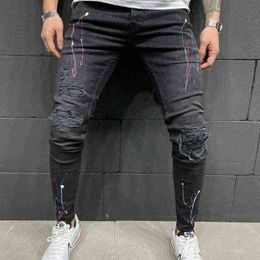 Long Pencil Pants Ripped Jeans Slim Spring Hole Men Fashion Thin Skinny Jeans Male Hip-hop Trousers Clothes Clothing 2021 G0104
