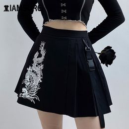 IAMSURE Streetwear Fashion Dragon Print Pleated Skirts For Women Gothic Punk Style High Waist Female Mini Skirts Summer 210309