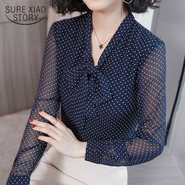 Bow Collar Office Blouse Long Sleeve Women Shirts Fashion Blue Dot Print Chiffon Blouse Shirt Womens Tops and Blouses 1864 50 210315