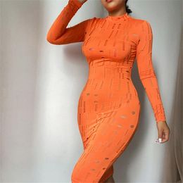 Casual Dresses Autumn Solid Sexy Elegant For Women Hollow Out Jacquard Long-Sleeve Half Turtleneck Bodycon Dress Female Clothing