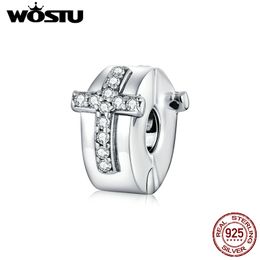 WOSTU Genuine 925 Sterling Silver Cubic Zirconia Cross Shape Stopper Charms Beads fit Bracelet Bangle Silver 925 Jewelry CQC1497 Q0531