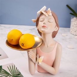 Sculpture Butterfly Fairy Girl Figurines Resin Tabletop Statues Shelf Characters with Metal Gold Tray Home Decor Craft Gifts 210924