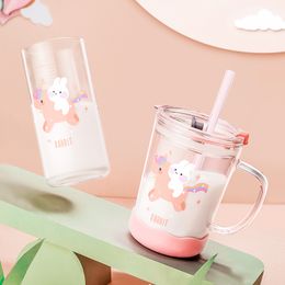 Children Glass Water Cup Cute Cartoon Toddler Drink Mug With Straw Leak-Proof Milk Bottle Kids Scale Safety Milk Tumbler