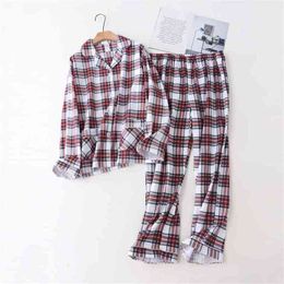 Sexy Red plaid 100% cotton pajamas set autumn plus size casual female Long sleeve pyjamas homewear sleepwear 210809