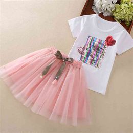 Summer Kids Clothes For Girls 2Pcs Love Sequin Short Sleeve Top + Mesh Skirt Children Toddler Clothing Sets 210528