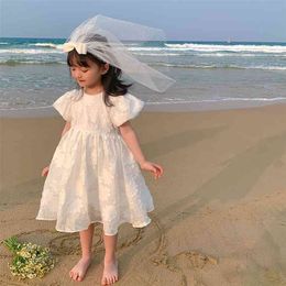 Girls Summer Dress Big Flower Puff Sleeve Sweet Cute Applique Flowers White Princess Party Children Clothing 210625