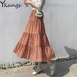 Floral Chiffon Pleated Skirt Vintage Printed Tulle Long Women Skirts High Waist Loose Female Umbrella Skirts Spring Summer 210619