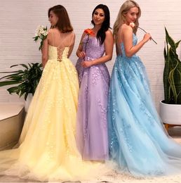 2021 A Line Spaghetti Strap Tulle Long Prom Dresses Square Collar Criss-Cross Back Evening Gowns with Train robe de soiree