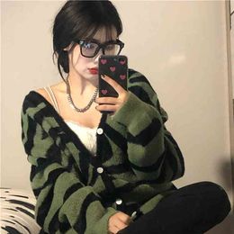 Spring Autumn Sweaters for Women Korean Lazy Girl Retro Christmas Dark Green Trendy Zebra Print Sweater Jacket Knitted Cardigans 210806