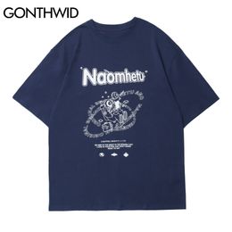 GONTHWID Tshirts Cartoon Astronaut Print Harajuku Streetwear Hip Hop Casual Cotton Tees Mens Hipster Short Sleeve T-Shirts Tops C0315