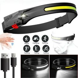 Headlamps COB Induction Headlamp USB Rechargeable Headlight Built-in Battery Head Lamp Torch Outdoor Lighting 5 Mode Work Light