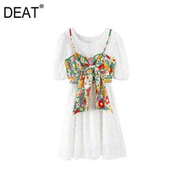 [DEAT] Summer Fashion Round Neck Short Sleeve White Dress Printing Sling Tank Tops Women Two-piece Suit 13C710 210527