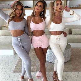 Casual Plush Fluffy Fleece Knitted Sweater 2 Piece Set Women Cozy Sexy O Neck Crop Top Fall Winter Clothes Women Tracksuit 210727