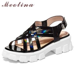 Meotina Bling Real Leather Sandals Platform Wedge Heels Shoes Narrow Band Round Toe Footwear Buckle Summer Ladies Sandals Size 9 210608