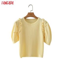 Tangada Korea Summer Women Yellow Ruffles Crop Sweater Short Sleeve Ladies Knitted Jumper Tops 7Y27 210609