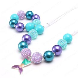 Neue Cartoon-Meerjungfrauenschwanz-Anhänger-Halskette, klobige Perlen-Halsketten-Armband, verstellbarer Seil-Schmuck für Party-Geschenk