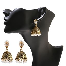 2021 Womens Indian Jhumka Jewelry Pearl Tassel Earrings Ethnic Retro Pendant Oxidized Small Bell Tassel Carved Jhumki Dangle