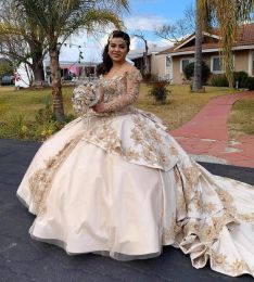 Long Champagne Mangas Douradas Vestidos Quinceanera Lace Applique Lantejoulas Brilhantes Frisadas Custom Made Plus Size Doce Pageant Princesa Vestido de Baile Vestidos