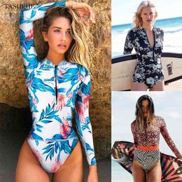 Print Floral Swimsuit Long Sleeve Swimwear Women Bathing Suit Retro Vintage Surfing Swim Suits 210630