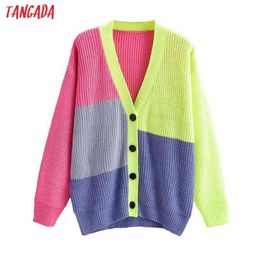 Tangada Women Colour Block Long Cardigan Vintage Jumper Lady Fashion Oversized Knitted Coat 1F234 210922