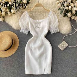 Square Collar Short Sleeve Pleated Mini Femme Dresses Bodycon Sexy Vacation Dress Vestido Splice lace Sexy Sundress 210715