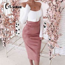 CNYISHE Midi High Waist Suede Pencil Skirt Autumn Fashion Bodycon Sexy Slim Women Skirt Regular Office Lady Bottoms 210721