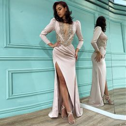 Satin Mermaid Evening Dress Light Pink Beads Pearls Long Sleeves Prom Gowns For Women Party Robe De Soirée Femme