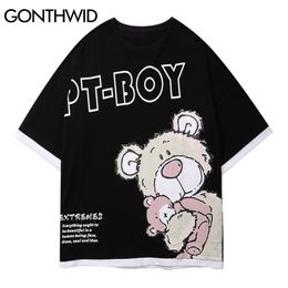 GONTHWID T-Shirts Men Harajuku Hip Hop Streetwear Cartoon Bear Print Fake 2 Piece Short Sleeve Tees Cotton Loose Casual Tops C0315