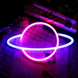 Bulbs LED Hanging Neon Light Oval Planet Shaped Sign Battery Powered Bedroom Birthday Party Bar Beach Wedding Decoration Room Lighting