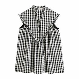 women vintage v neck plaid print casual loose mini dress ladies agaric lace decoration vestidos chic brand dresses DS3607 210302