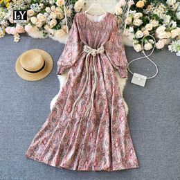 LY VAREY LIN Autumn Vintage Print Dresses Women Bohemian Style Long Puff Sleeve O Neck Lace Up Back Zippers Pink Dress 210526