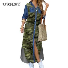 WAYOFLOVE Camouflage Printed Long Dress Women Casual Button Plus Size Loose Long Sleeve Dresses Woman Elegant Shirt Dresses 210602