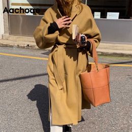 Aachoae Women Elegant Solid Long Wool Coat With Belt Chic Batwing Long Sleeve Pockets Loose Coat Female Autumn Winter Outerwear 211019