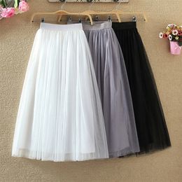 TIGENA Long Tulle Skirts Women Summer Elastic High Waist Mesh Tutu Pleated Skirt Female Black White Gray Maxi Skirt 210306