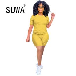 Sexy Fitness Clothing Loungewear Summer Women Two Piece Outfits Short Sleeve T-Shirt Biker Shorts Jogger Casual Sets 210525